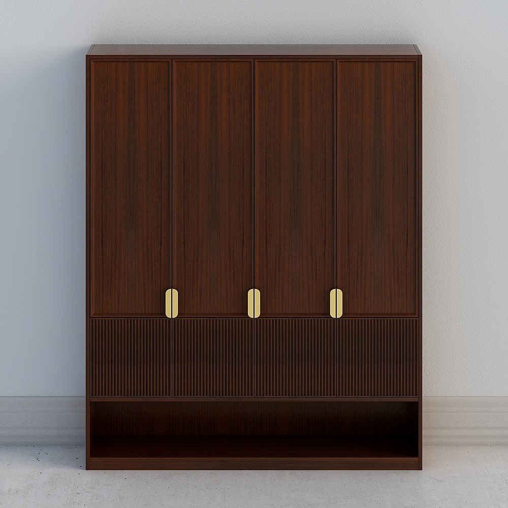 Modern dark wood cabinet with gold handles and ribbed panel on white background