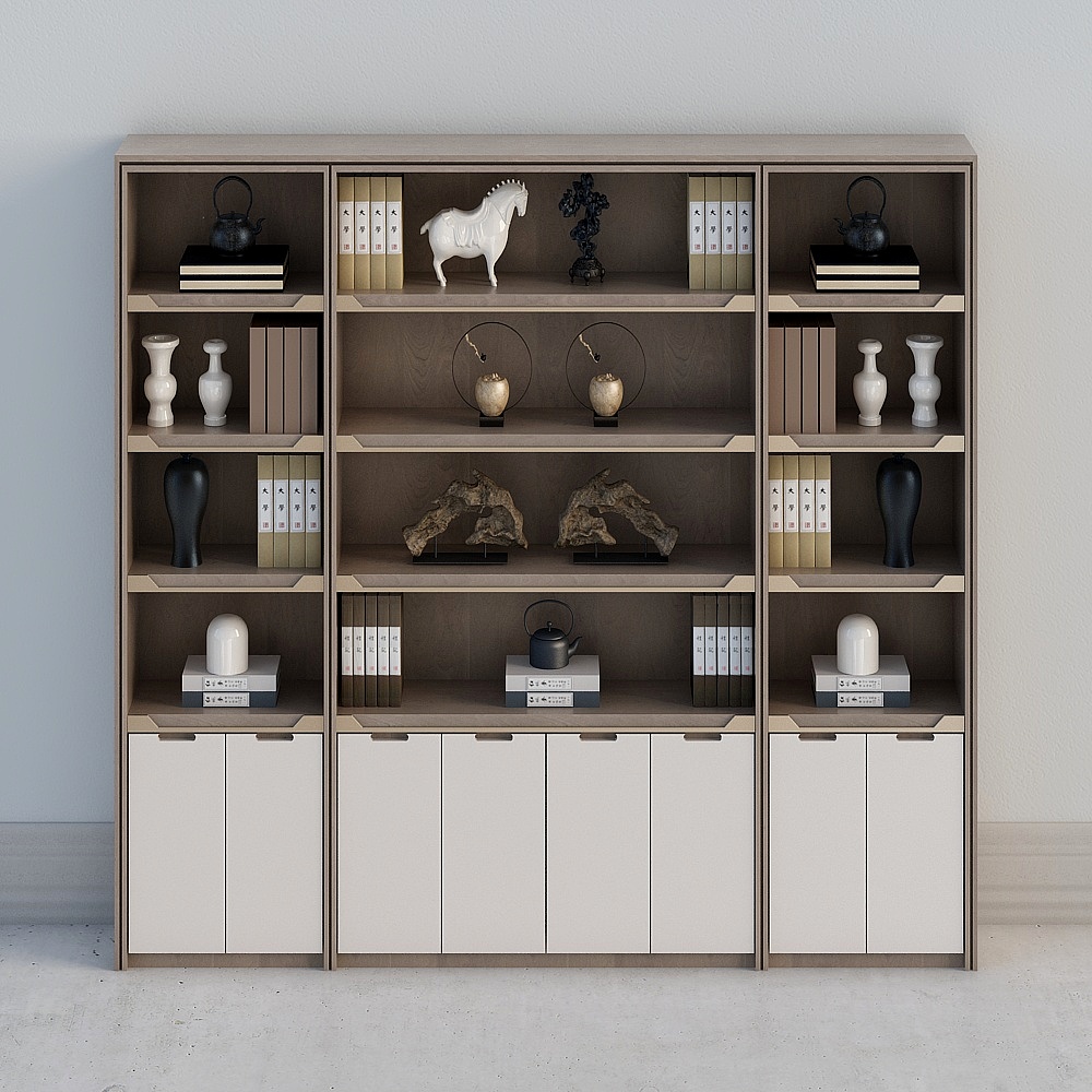 Modern light wood bookshelf with white cabinet doors and decorative items on grey background