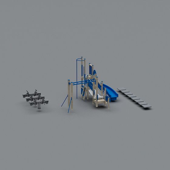 Outdoor playground set with blue slide and climbing frame on grey background