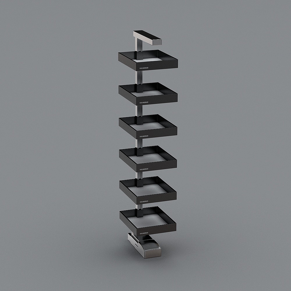 Modern black metal display stand with six shelves on grey background