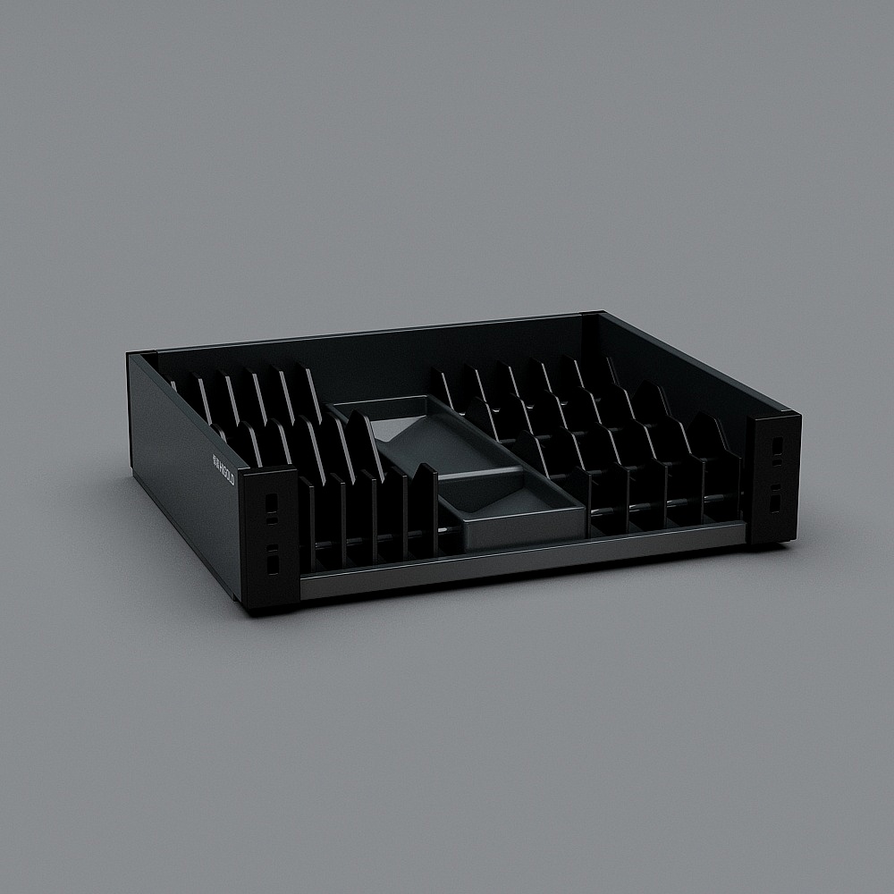 Black metal rack mount organizer with vertical dividers and central tray on grey background