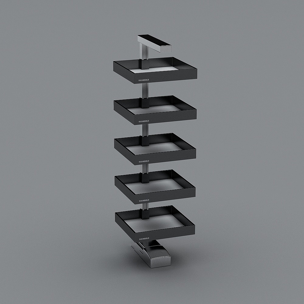 Black metal five tier retail display stand with silver base on grey background