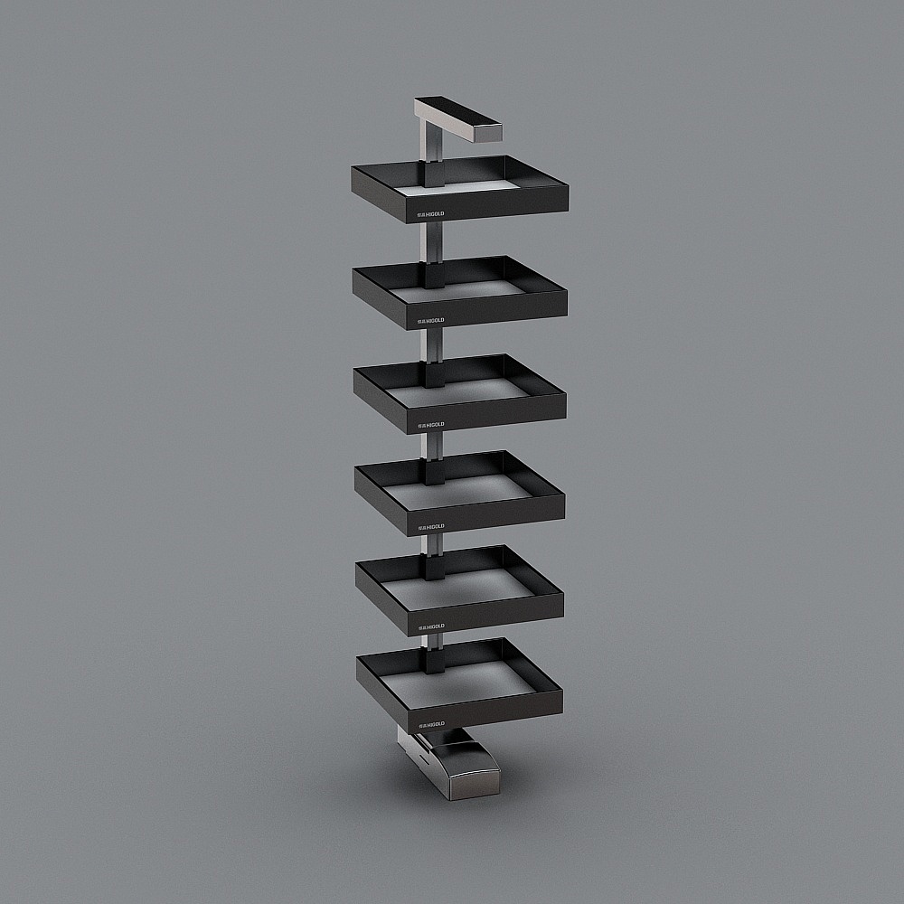 Tall black metal jewelry display stand with six square trays and silver top on grey background