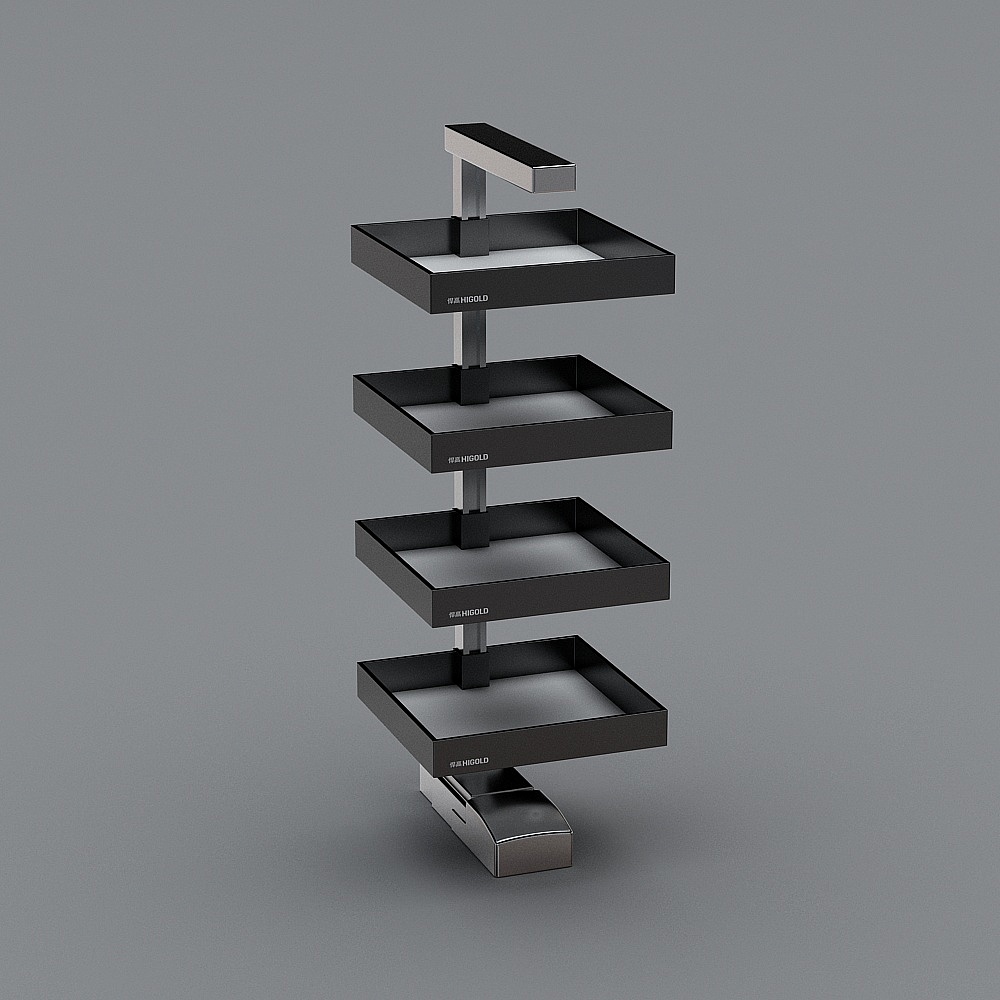 Black metal rotating spice rack with four square trays on grey background