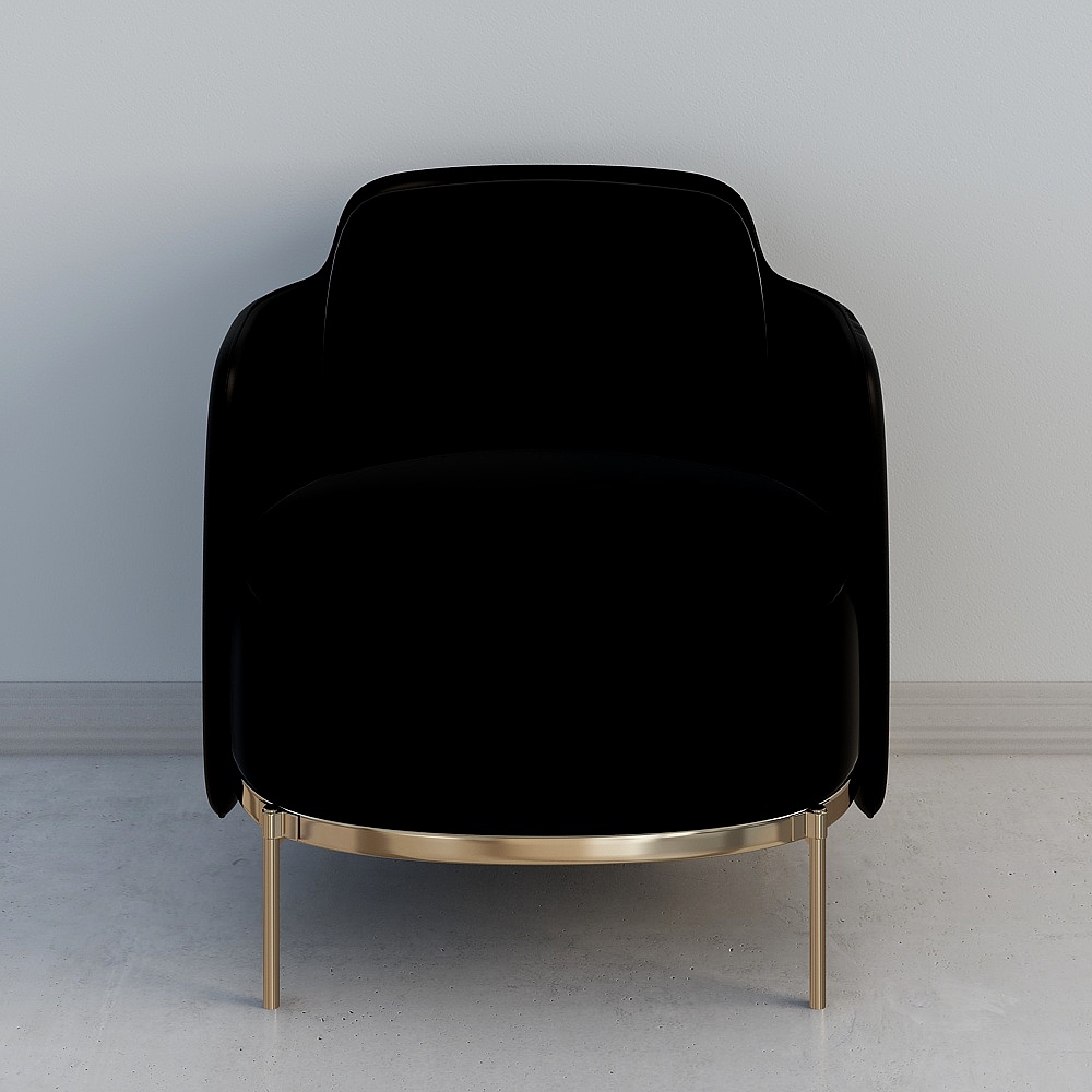 Modern black velvet armchair with gold metal legs and frame on grey background
