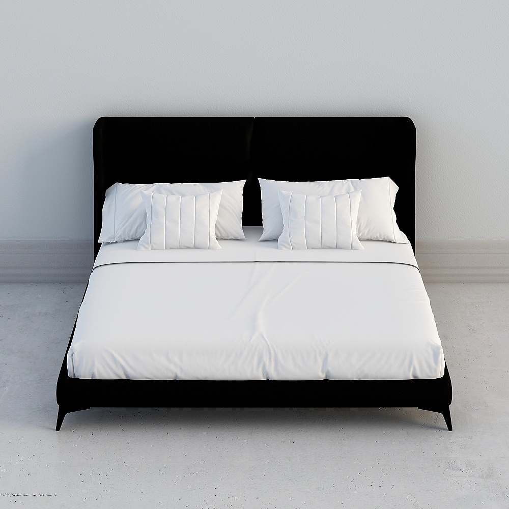Modern black upholstered king size bed with white bedding and four pillows on grey background