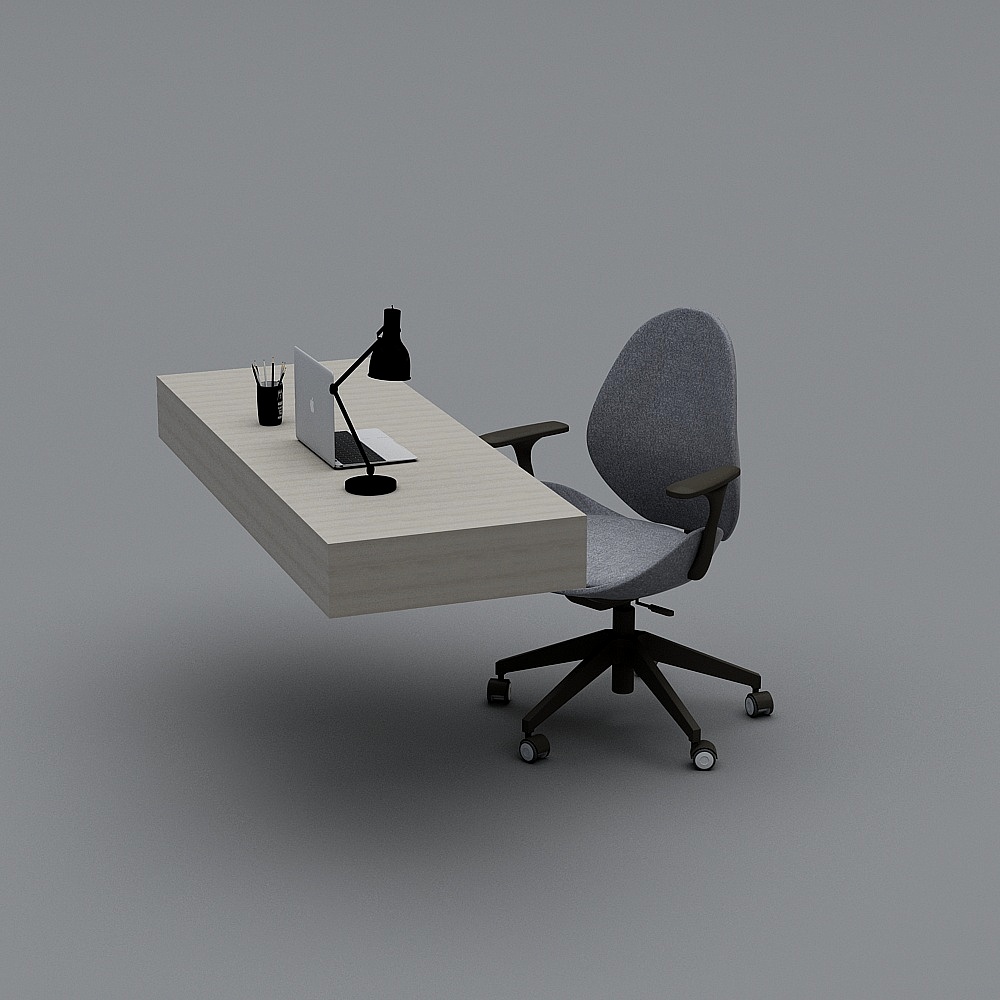 Modern light wood desk with grey office chair and black lamp on grey background