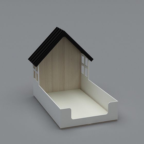 White wooden house shaped bed frame with black roof on grey background