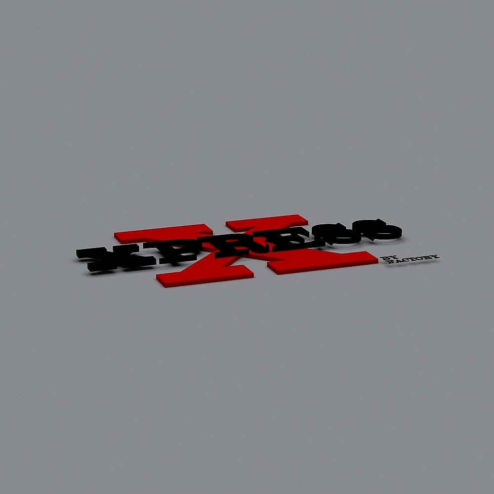 Red and black 3D logo with modern typography on grey background