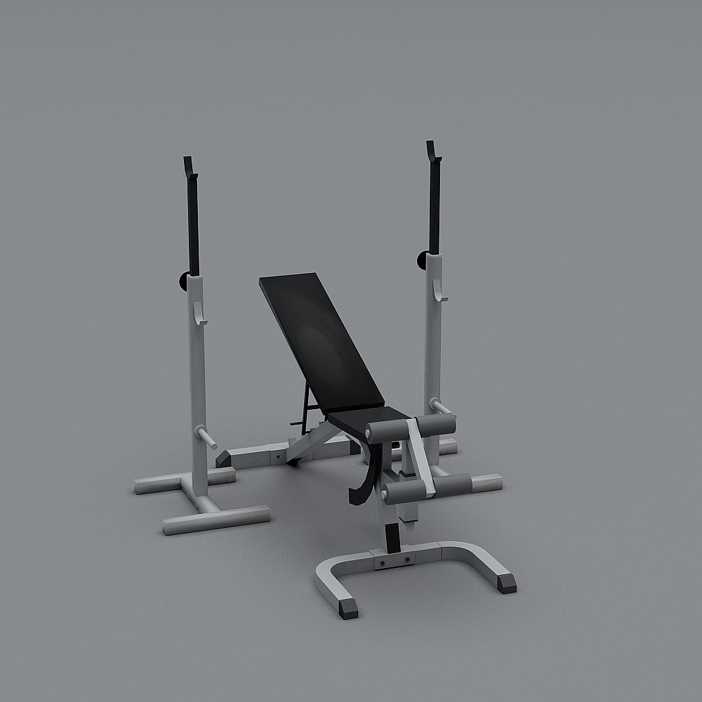 Adjustable weight bench with black padding and white metal frame on grey background