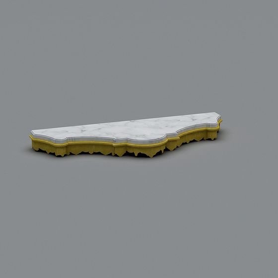Curved coffee table with white marble top and yellow velvet base on grey background