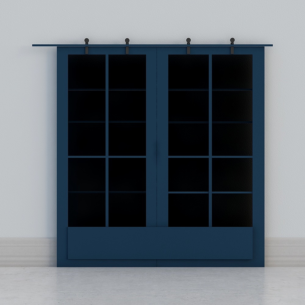 Blue sliding barn door with black glass panels and metal hardware on white background