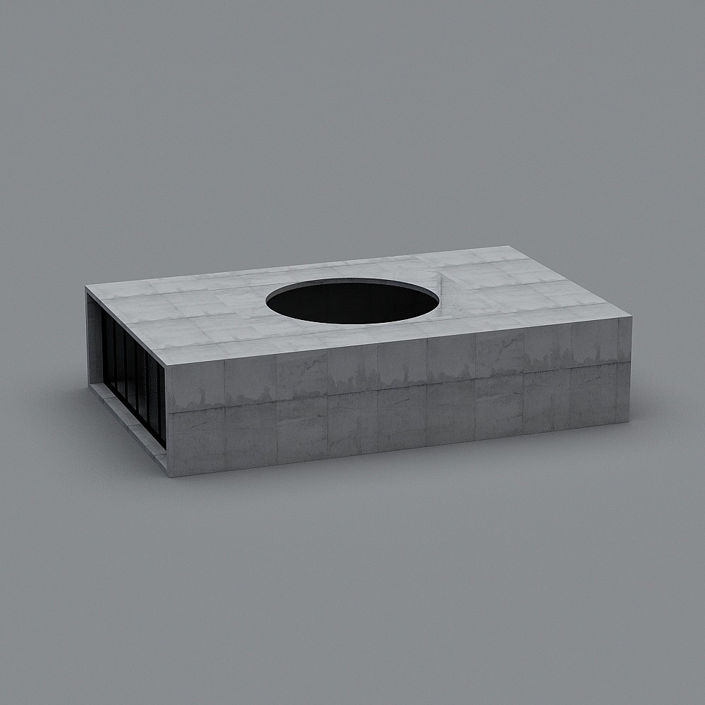 Modern rectangular grey concrete fireplace with round black fire pit on grey background