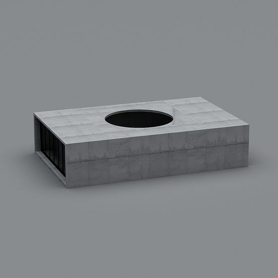 Modern rectangular grey concrete fireplace with round black fire pit on grey background