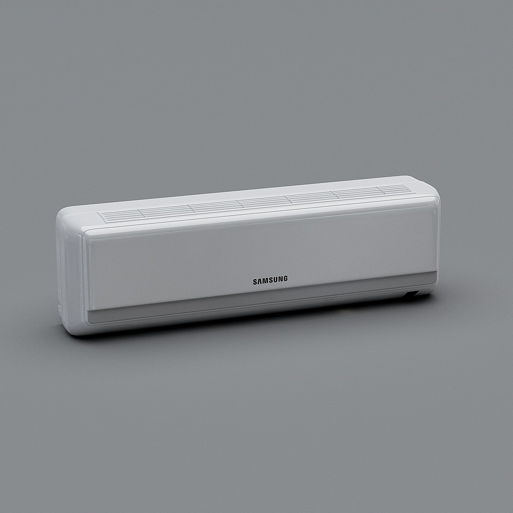 Modern white wall mounted air conditioner unit with Samsung logo on grey background