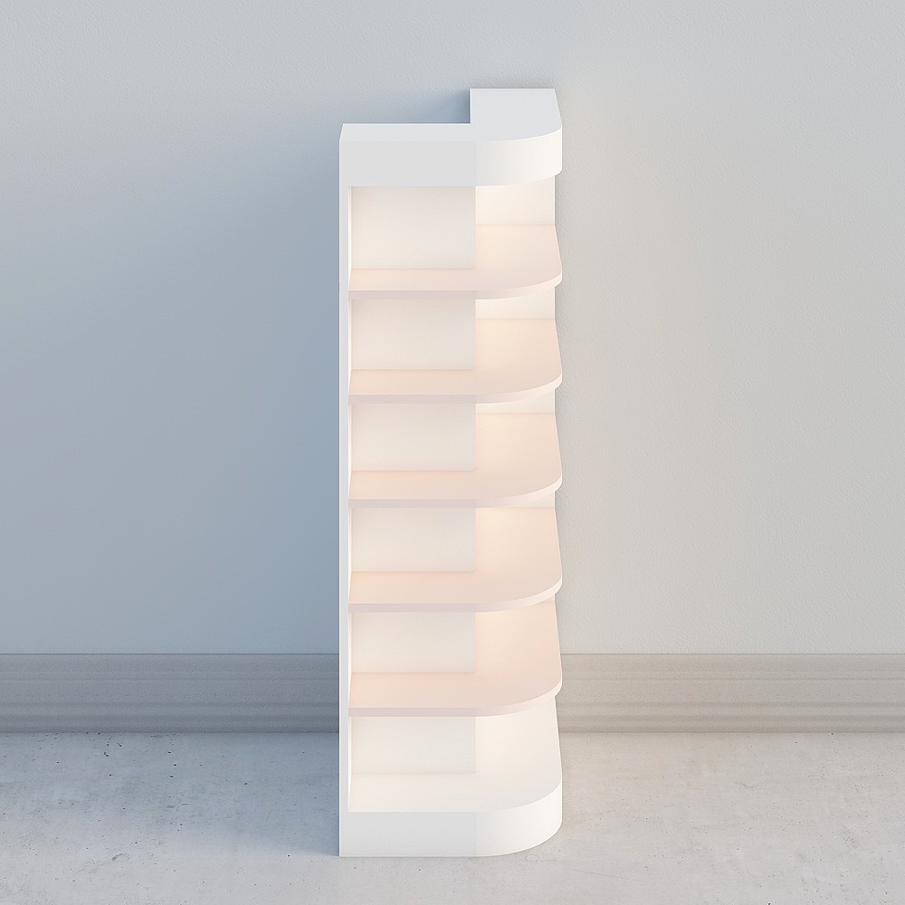 Tall white modern bookshelf with curved shelves and built-in warm lighting on grey background