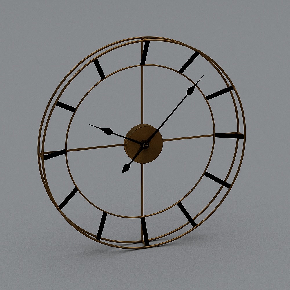 Modern gold metal wall clock with black hands and markers on grey background