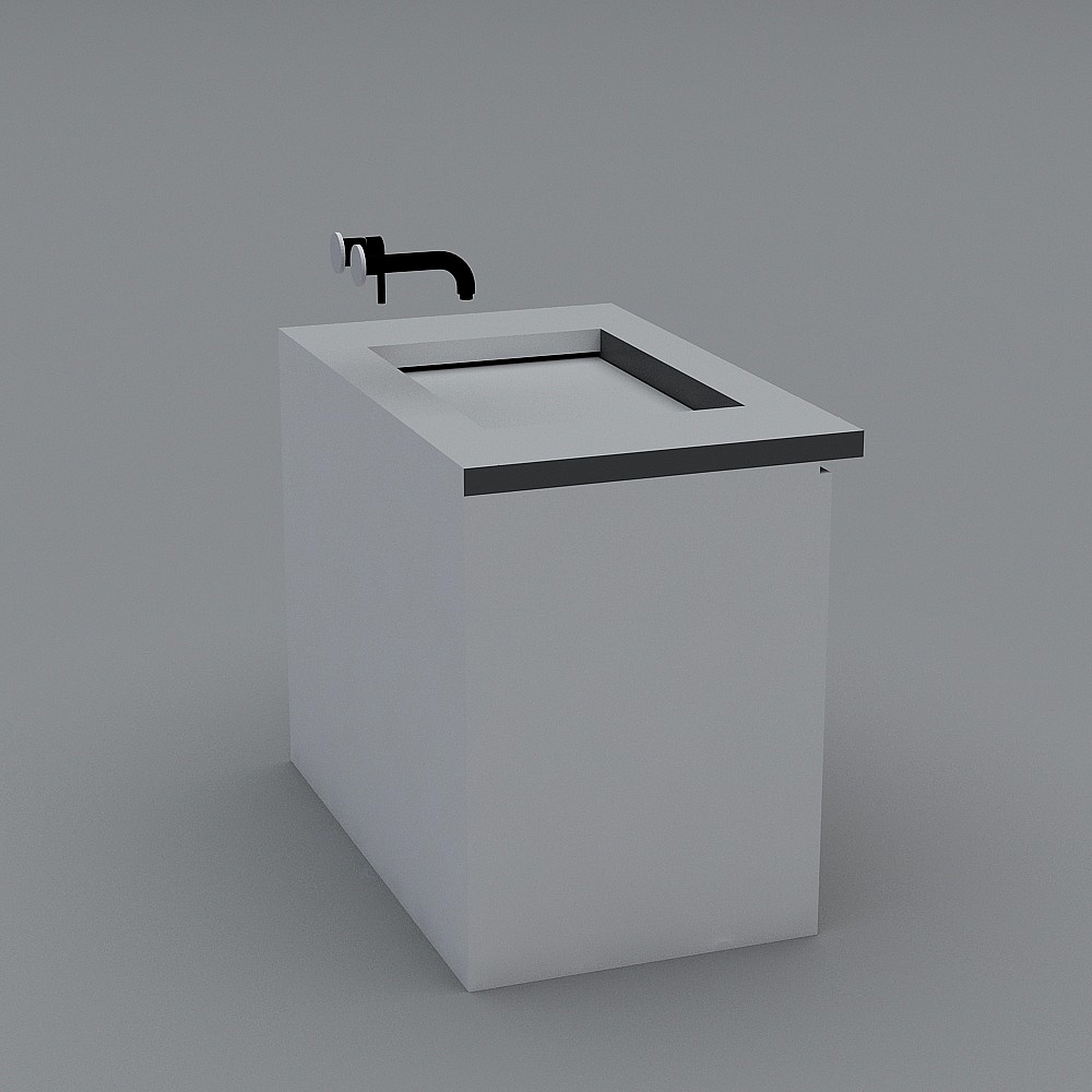Modern white bathroom vanity with black faucet and sink on grey background