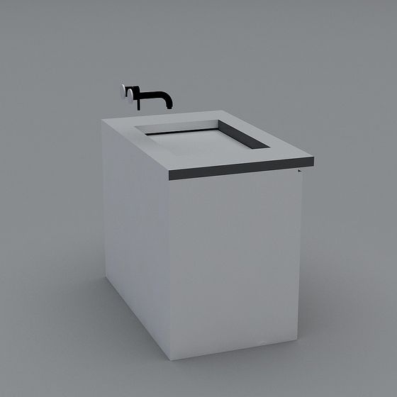 Modern white bathroom vanity with black faucet and sink on grey background