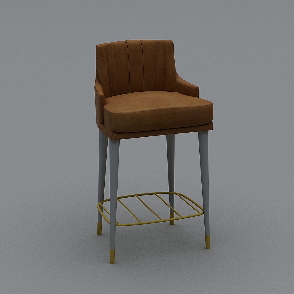Modern brown leather bar stool with grey legs and gold footrest on grey background