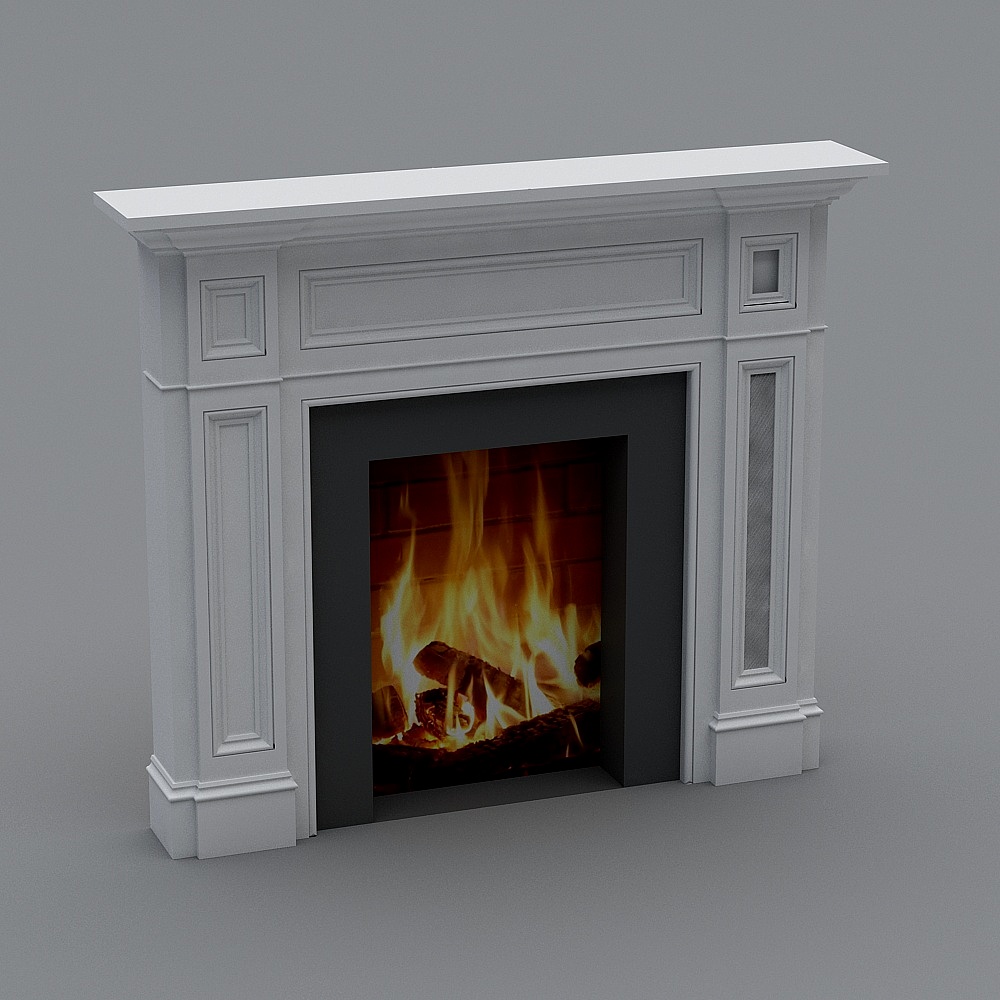 Classic white fireplace mantel with black surround and fire on grey background