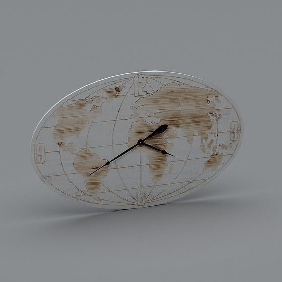 Oval wooden wall clock with world map design and black hands on grey background