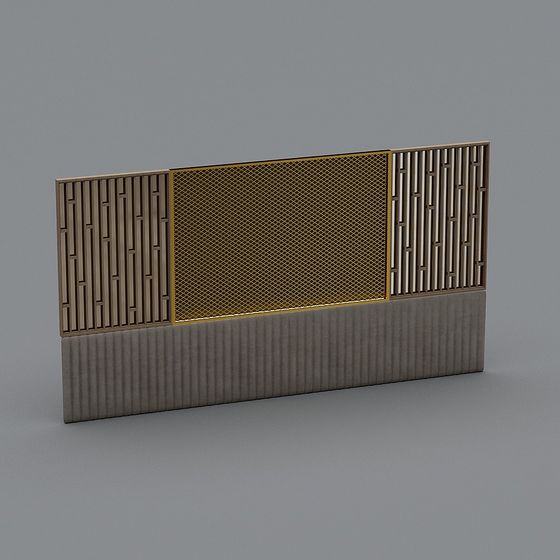 Modern decorative wall panel with gold mesh and wood slats on grey background