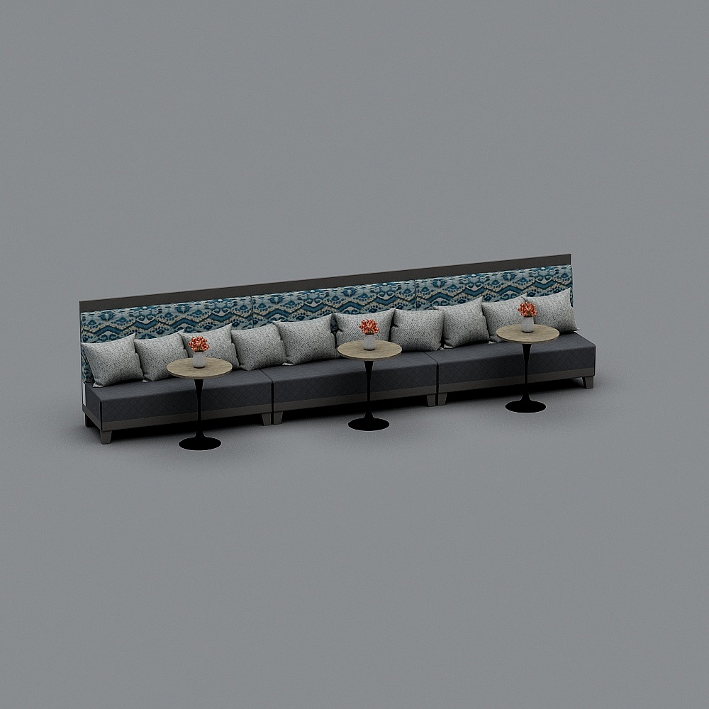 Long grey sofa with patterned backrest and three small round tables on grey background