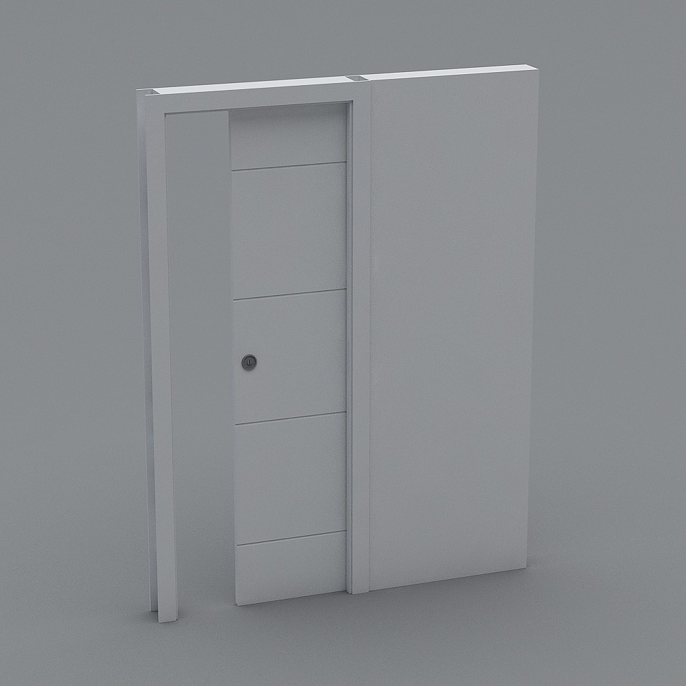 Modern white sliding interior door with silver handle on grey background