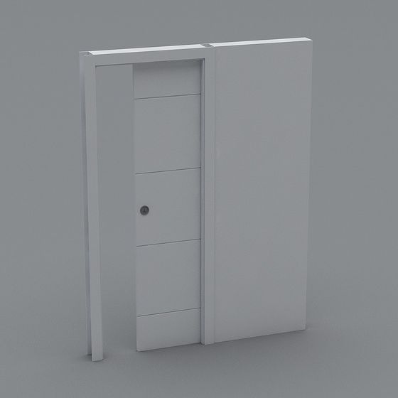 Modern white sliding interior door with silver handle on grey background