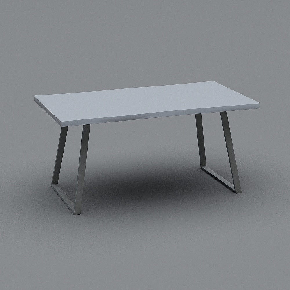 Modern rectangular white dining table with metal legs on grey background