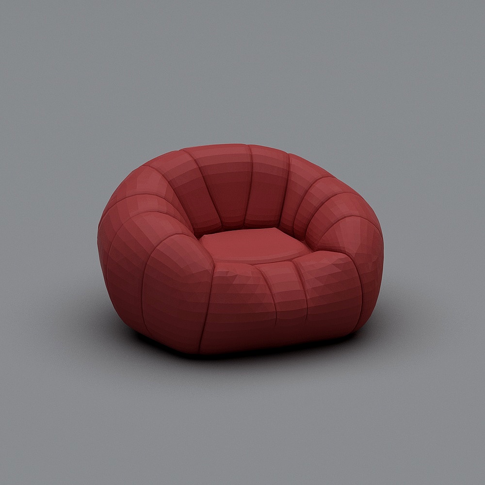 Modern red round sofa with soft fabric and curved shape on grey background