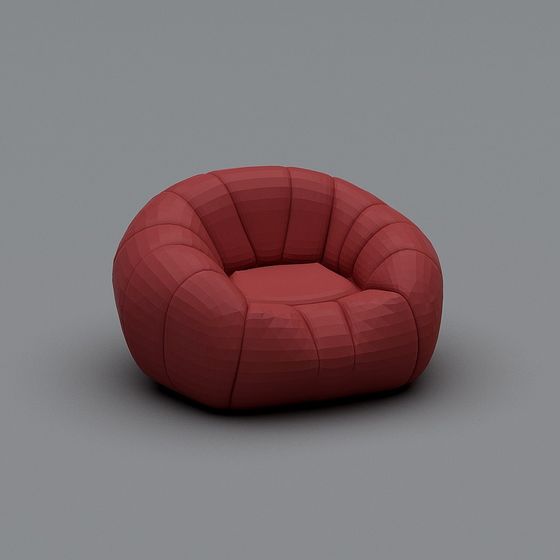Modern red round sofa with soft fabric and curved shape on grey background