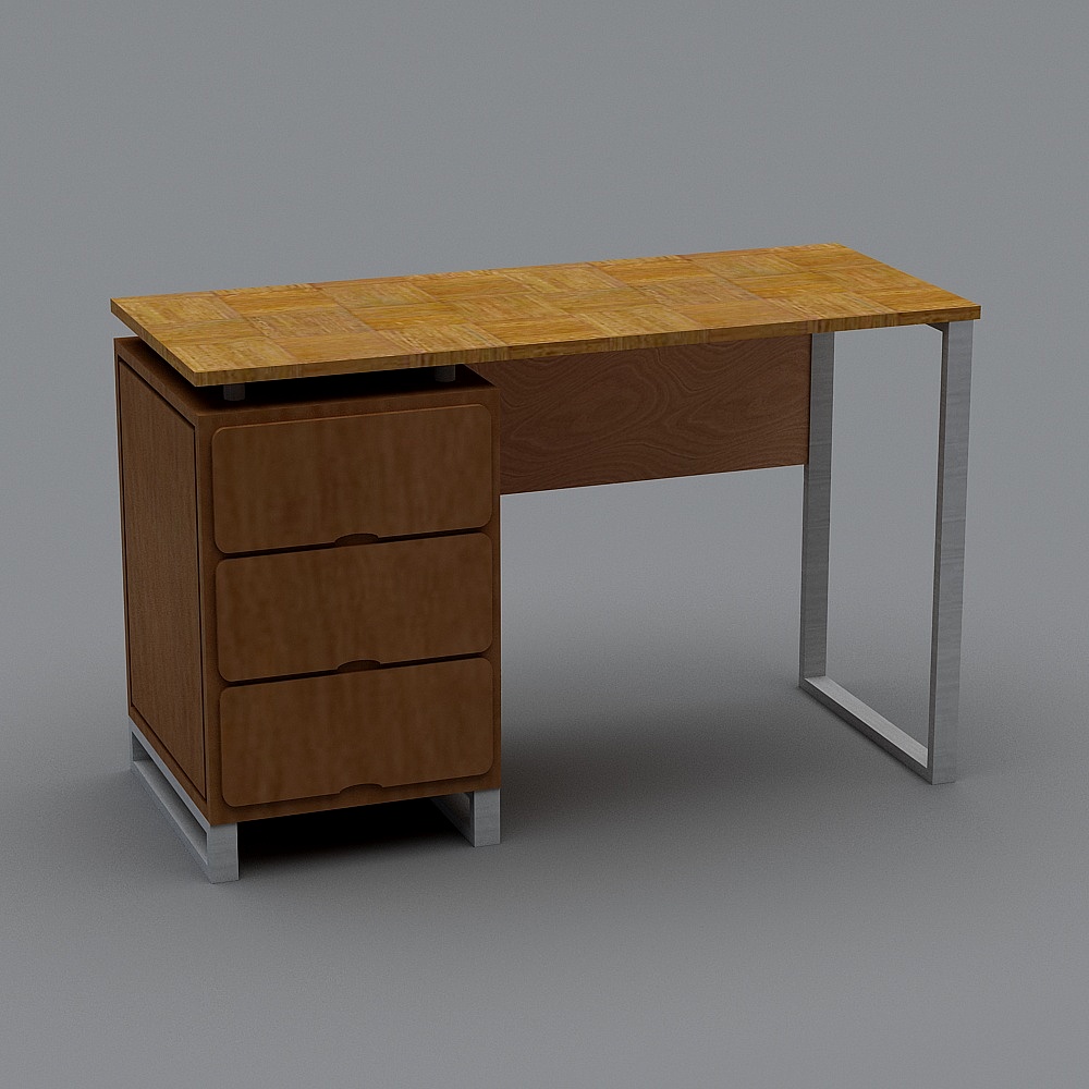 Modern wooden desk with parquet top and silver metal legs on grey background