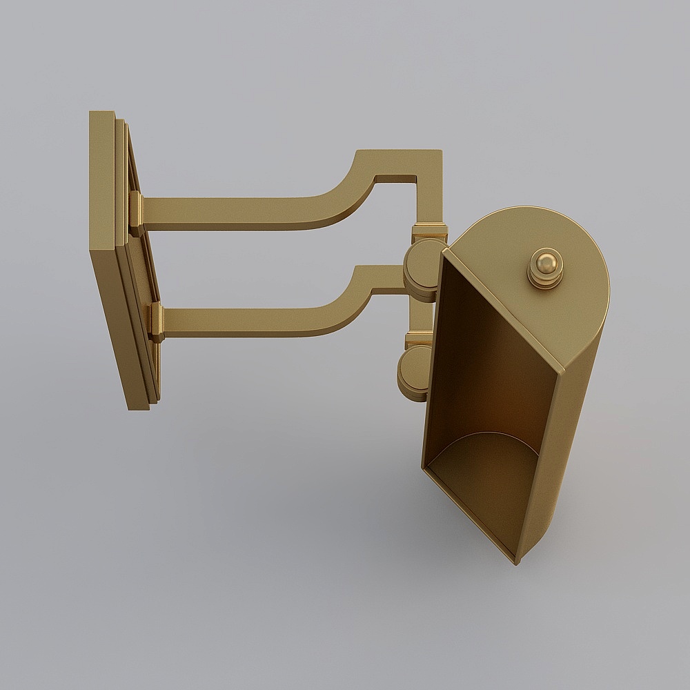Gold metal wall light with adjustable arm and curved shade on grey background