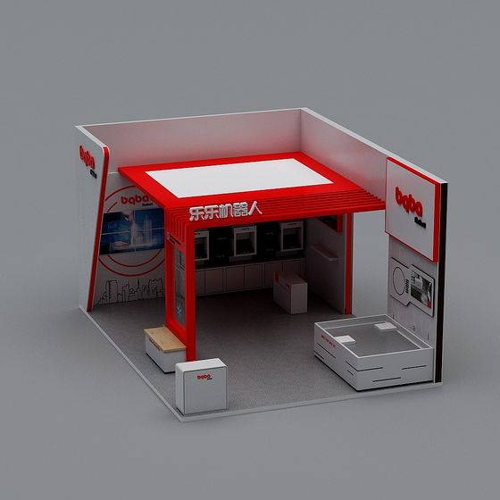Modern red and white trade show booth with display counters on grey background