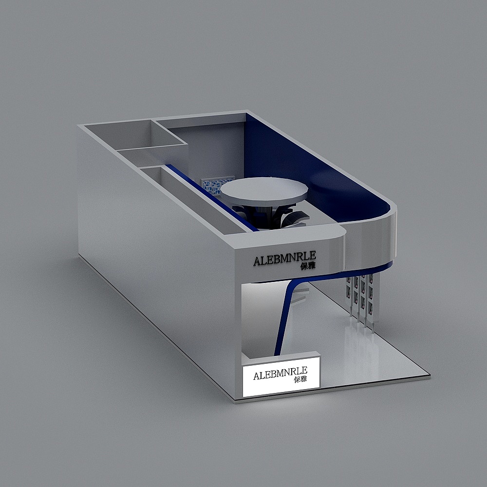 Modern white and blue retail kiosk with round table and product shelves on grey background