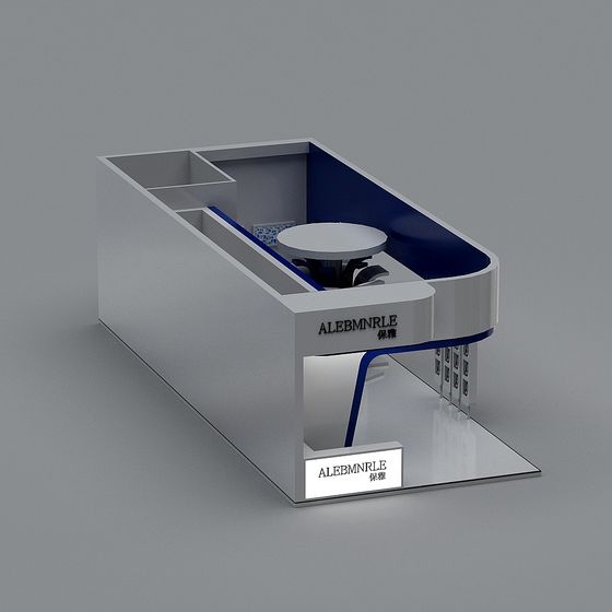Modern white and blue retail kiosk with round table and product shelves on grey background