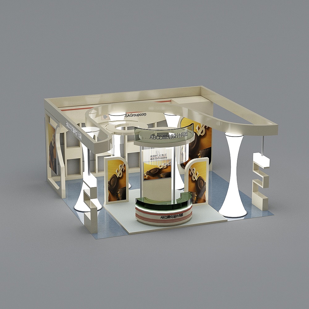 Modern white exhibition booth with curved structures and blue floor on grey background