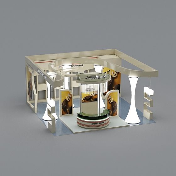 Modern white exhibition booth with curved structures and blue floor on grey background