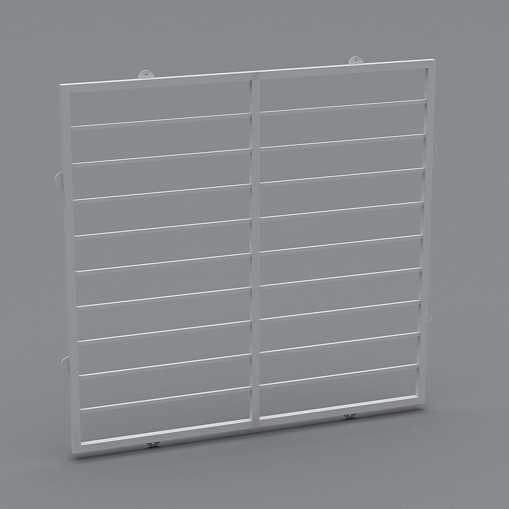 White metal balcony railing with horizontal bars and mounting brackets on grey background