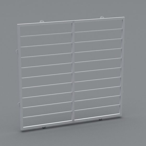 White metal balcony railing with horizontal bars and mounting brackets on grey background