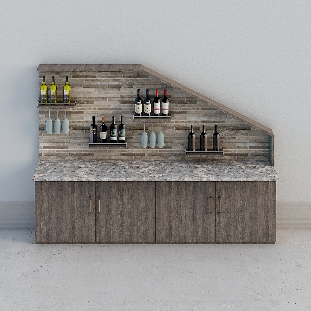 Modern home bar with grey marble top and wood cabinet on white background
