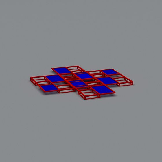 Modern red metal frame bed with blue panels on grey background