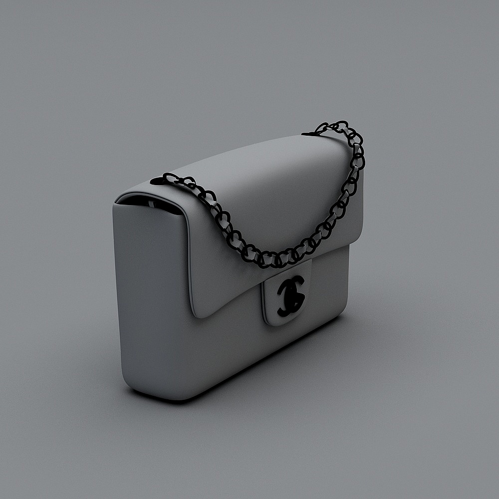 Grey leather shoulder bag with black chain strap and logo clasp on grey background