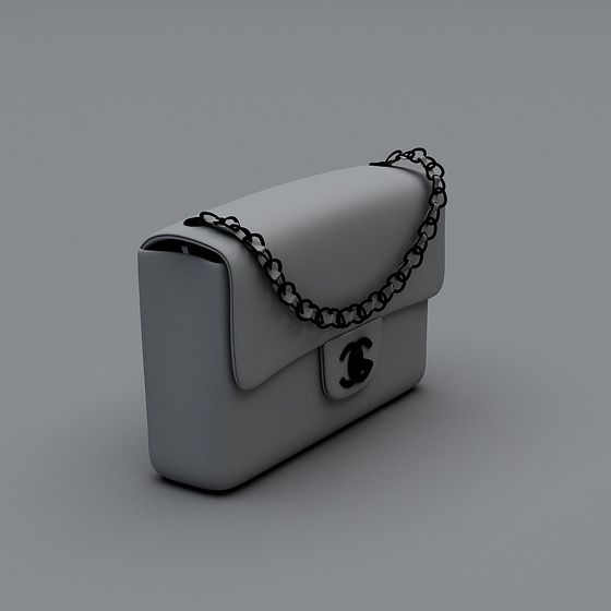 Grey leather shoulder bag with black chain strap and logo clasp on grey background