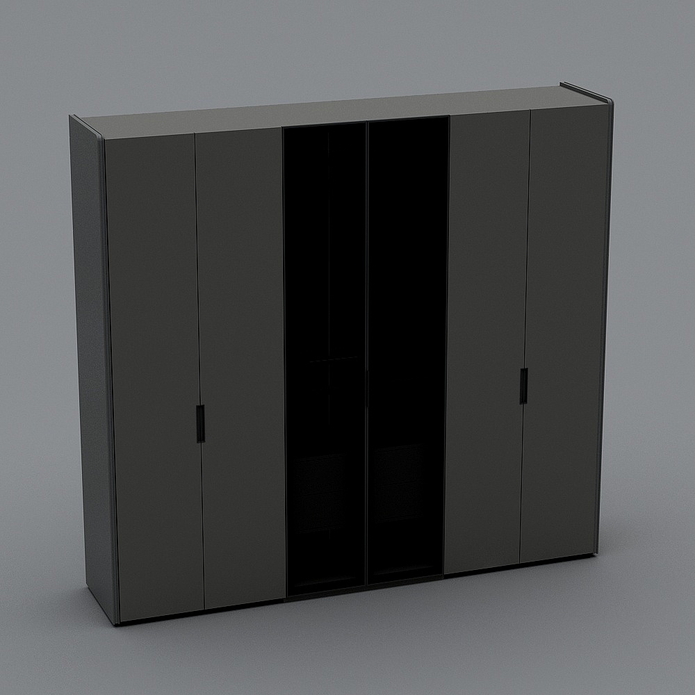 Modern dark grey wardrobe with four doors and open center shelves on grey background
