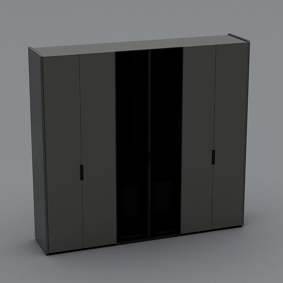 Modern dark grey wardrobe with four doors and open center shelves on grey background
