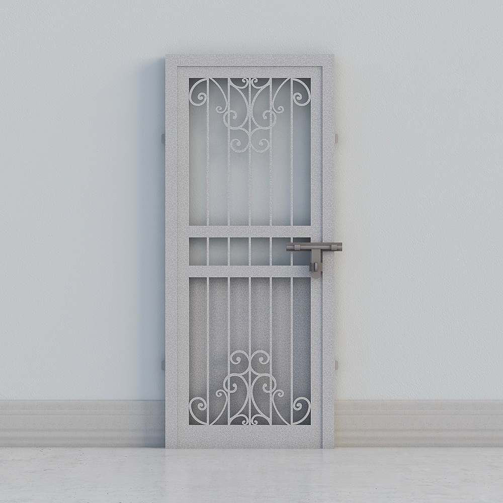 White metal security door with decorative scroll patterns and silver handle on white background