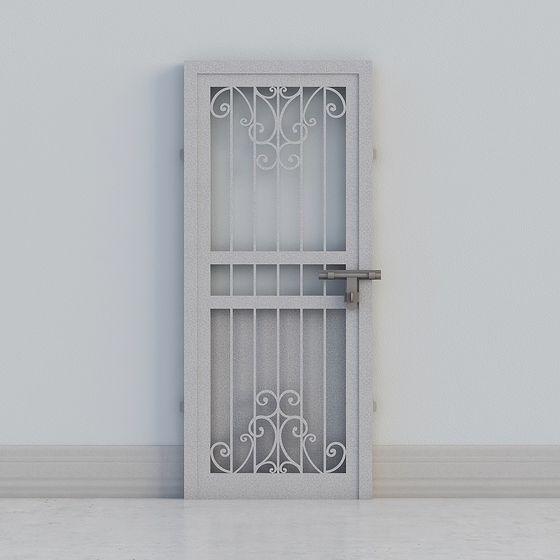 White metal security door with decorative scroll patterns and silver handle on white background